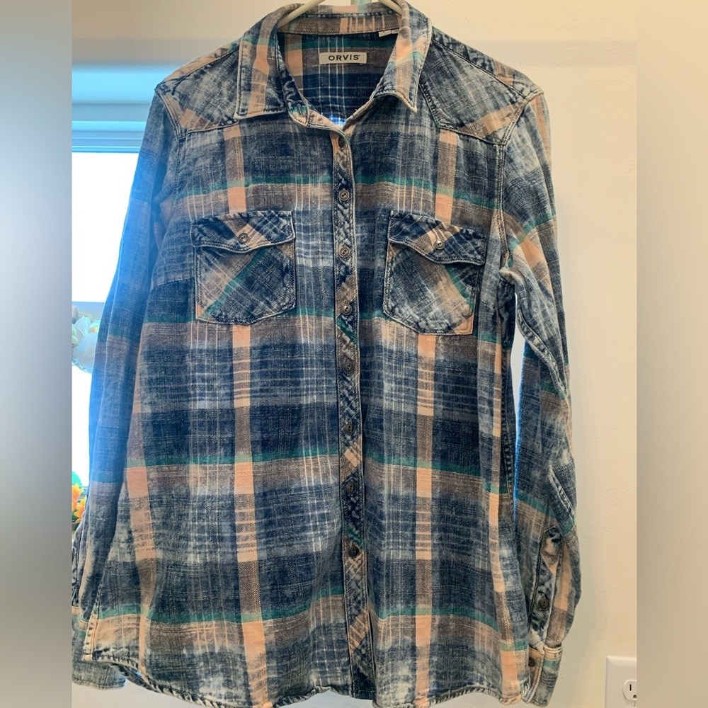 Orvis Blue and Tan Plaid Button Down Shirt